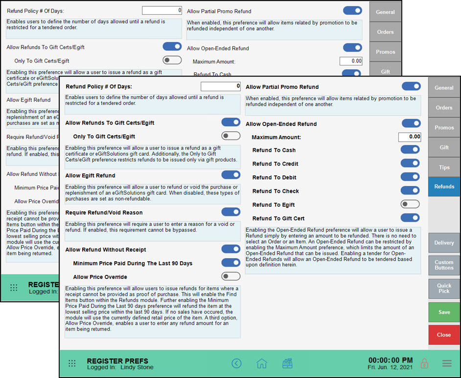 Register preferences screen