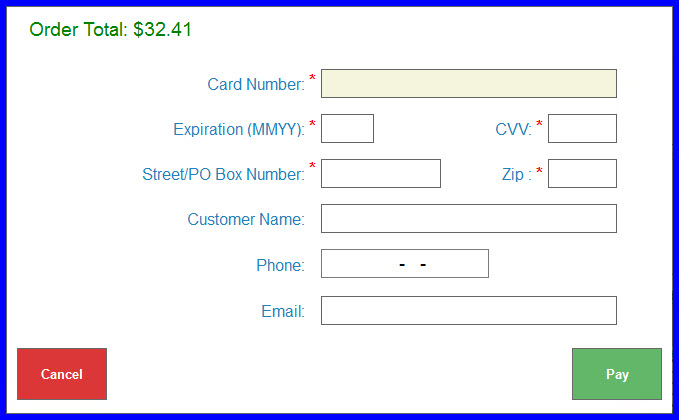 Order total pop-up screen with empty credit card fields
