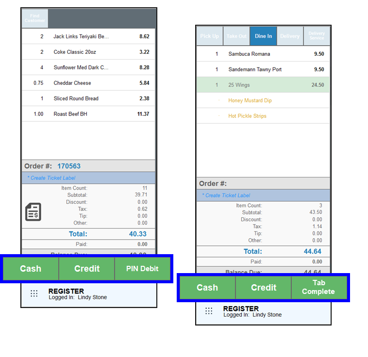 Cash credit and pin debit and tab complete payment options highlighted