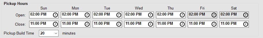 Pickup hours section under delivery preferences with fields for open and close times displaying under each day of the week