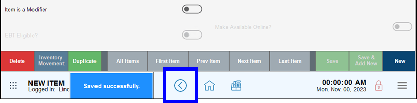 Back arrow button highlighted on purchasing screen