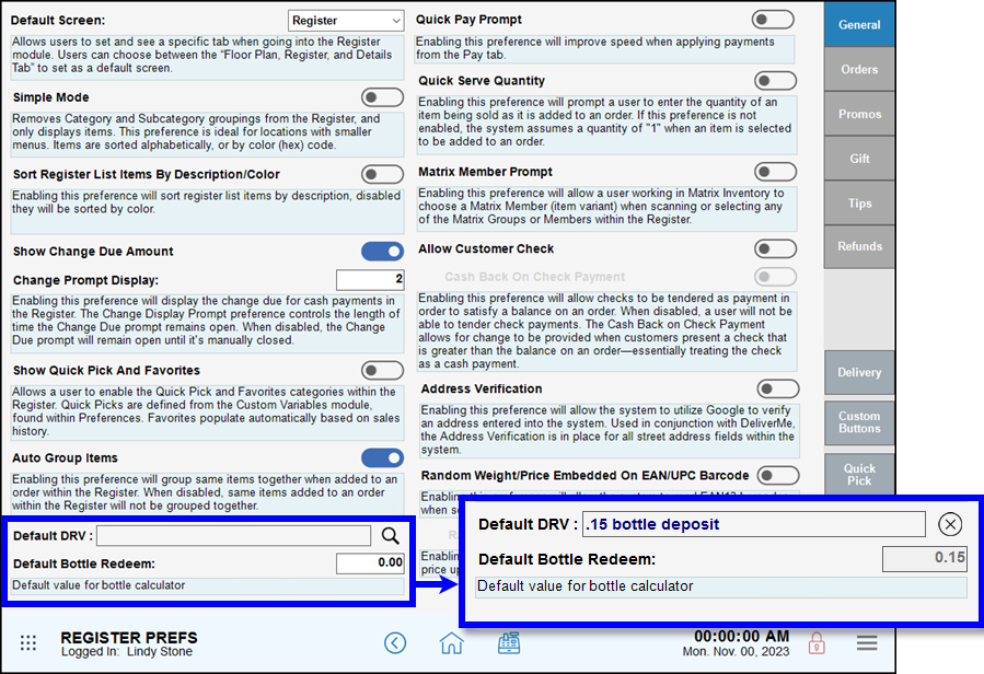 Default drv settings highlighted in register preferences