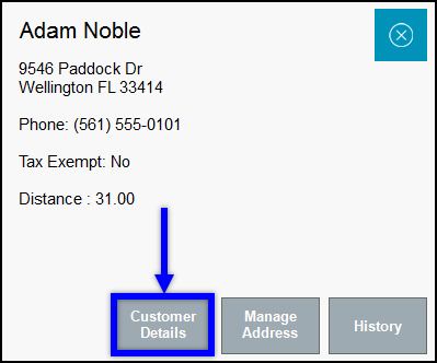 Customer details button highlighted in customer information pane from order details screen