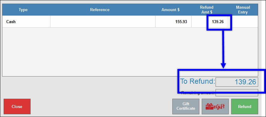 Refund amount highlighted with arrow leading to the to refund field