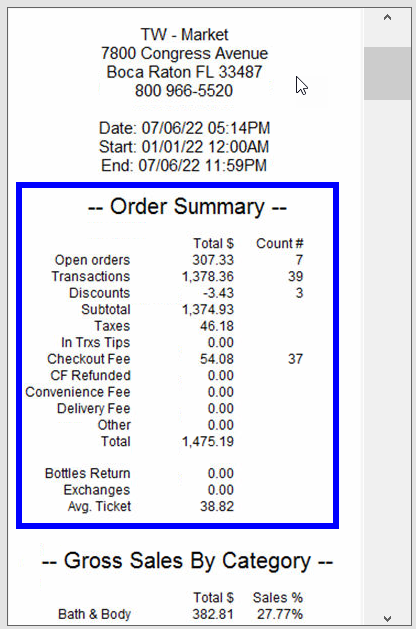 Order summary section of snapshot report