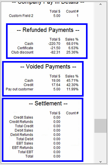 Refunded payments voided payments and settlement sections of snapshot report