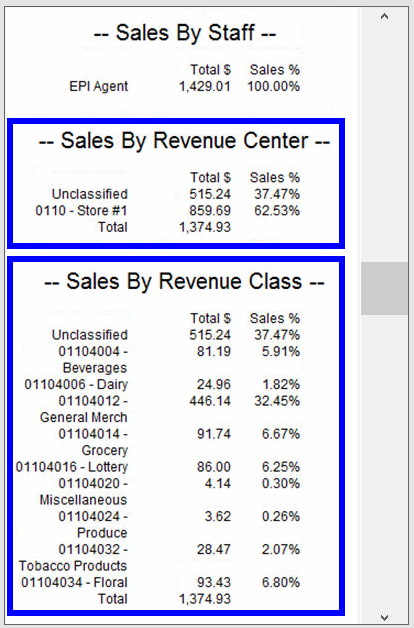 Sales by revenue center and sales by revenue class sections of snapshot report