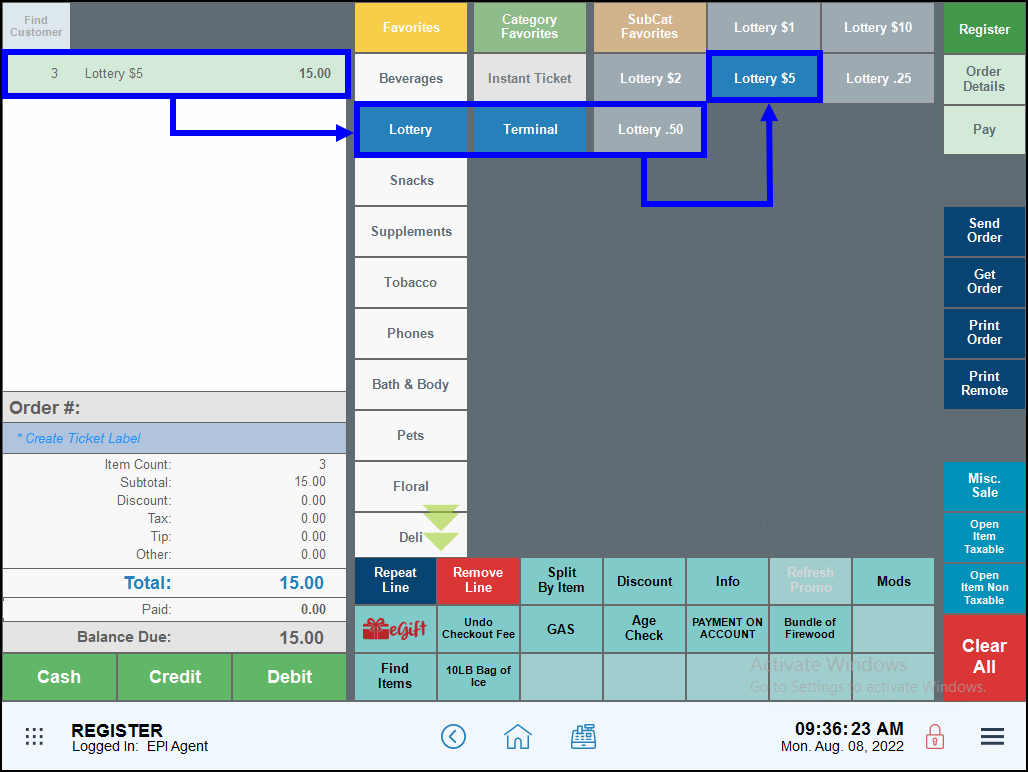 Sample lottery transaction entered into register app