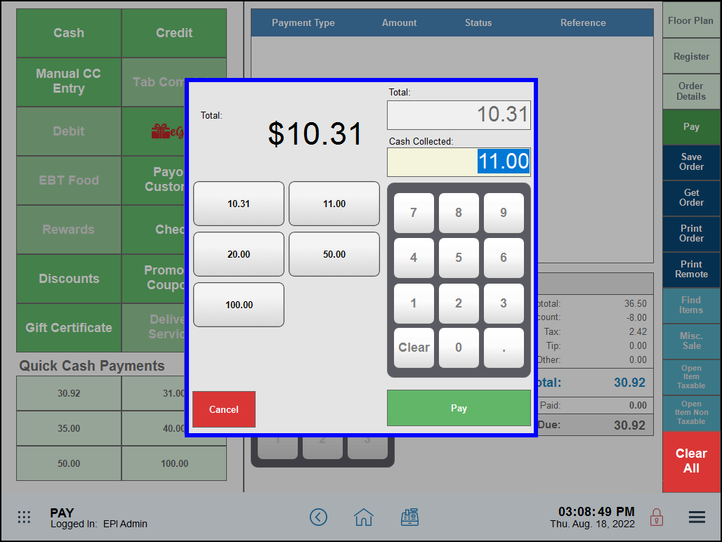 Order total displays on payment pop-up screen