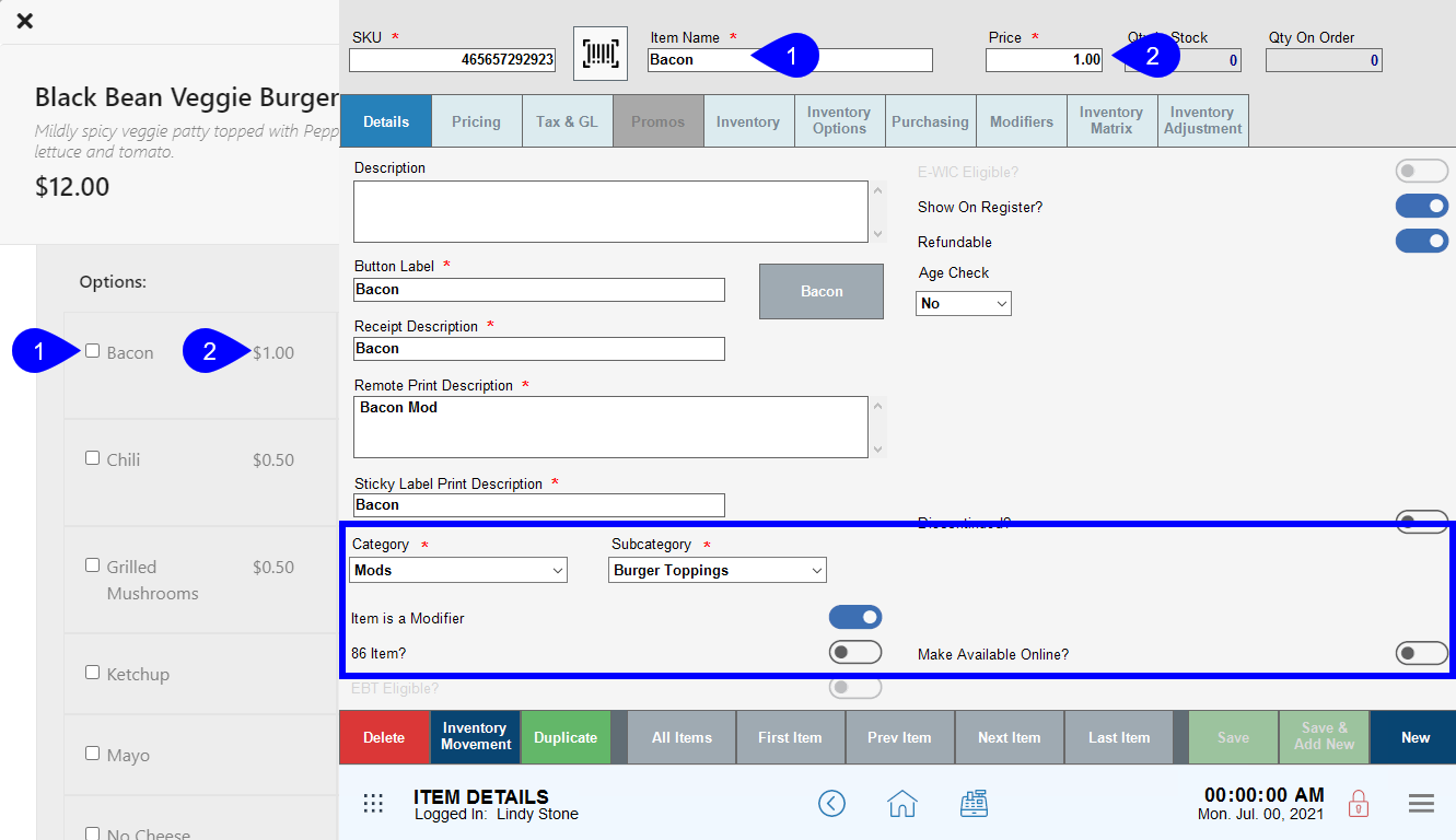 Item name sku category and category fields highlighted in exatouch and bacon side and price highlighted in deliver me