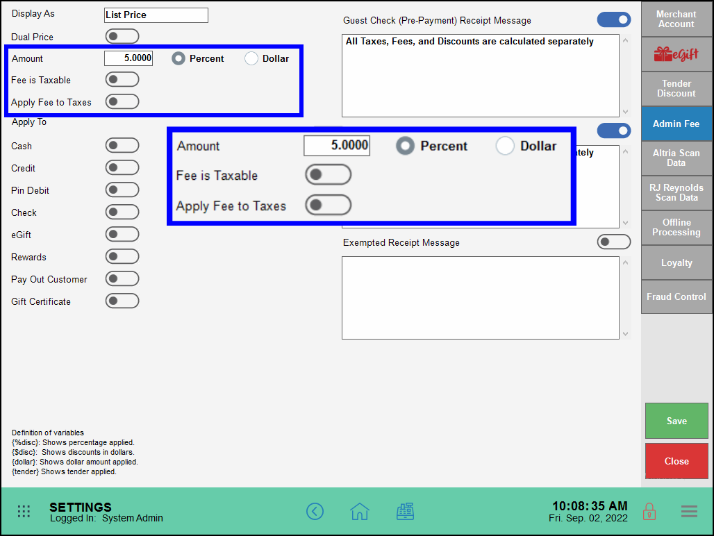 Amount fee is taxable and apply fee to taxes fields highlighted on account settings screen
