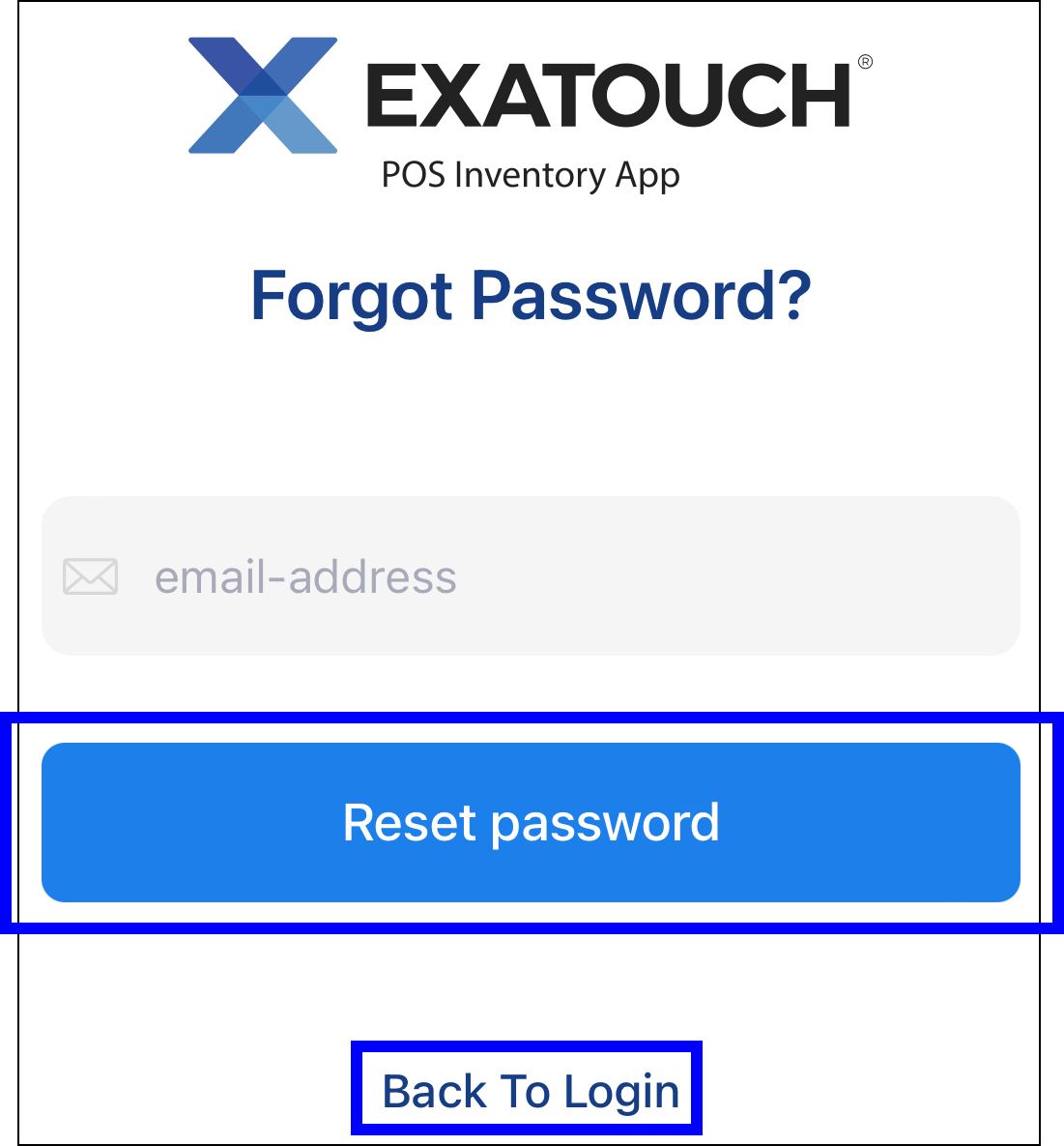 Reset password button and back to login link highlighted