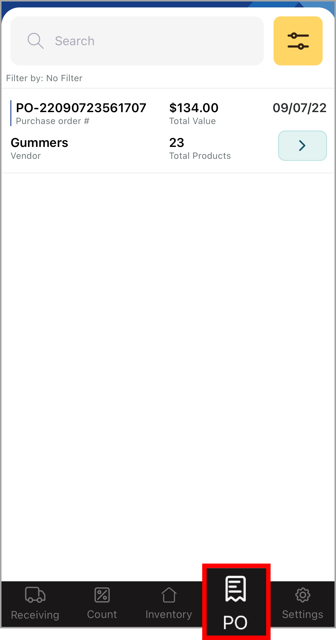 Purchase order tab selected with a vendor listed