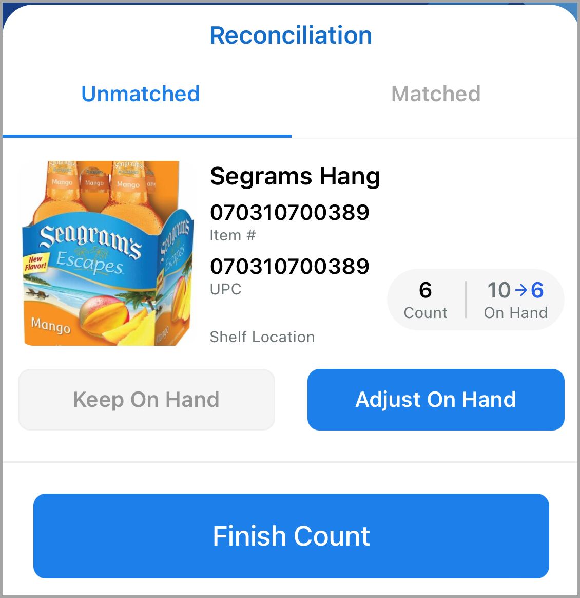 Sample reconciliation page on app screen