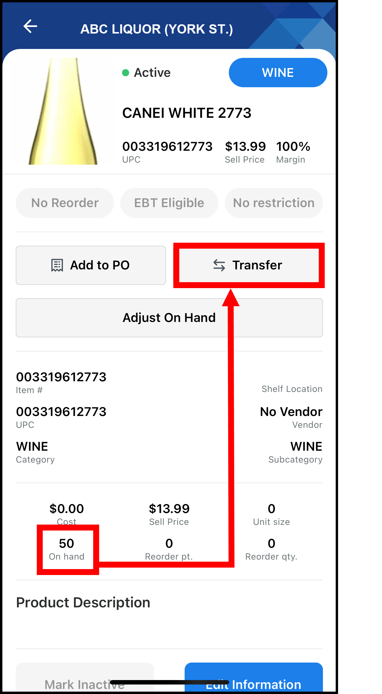 On hand value of 50 highlighted with arrow leading to transfer button