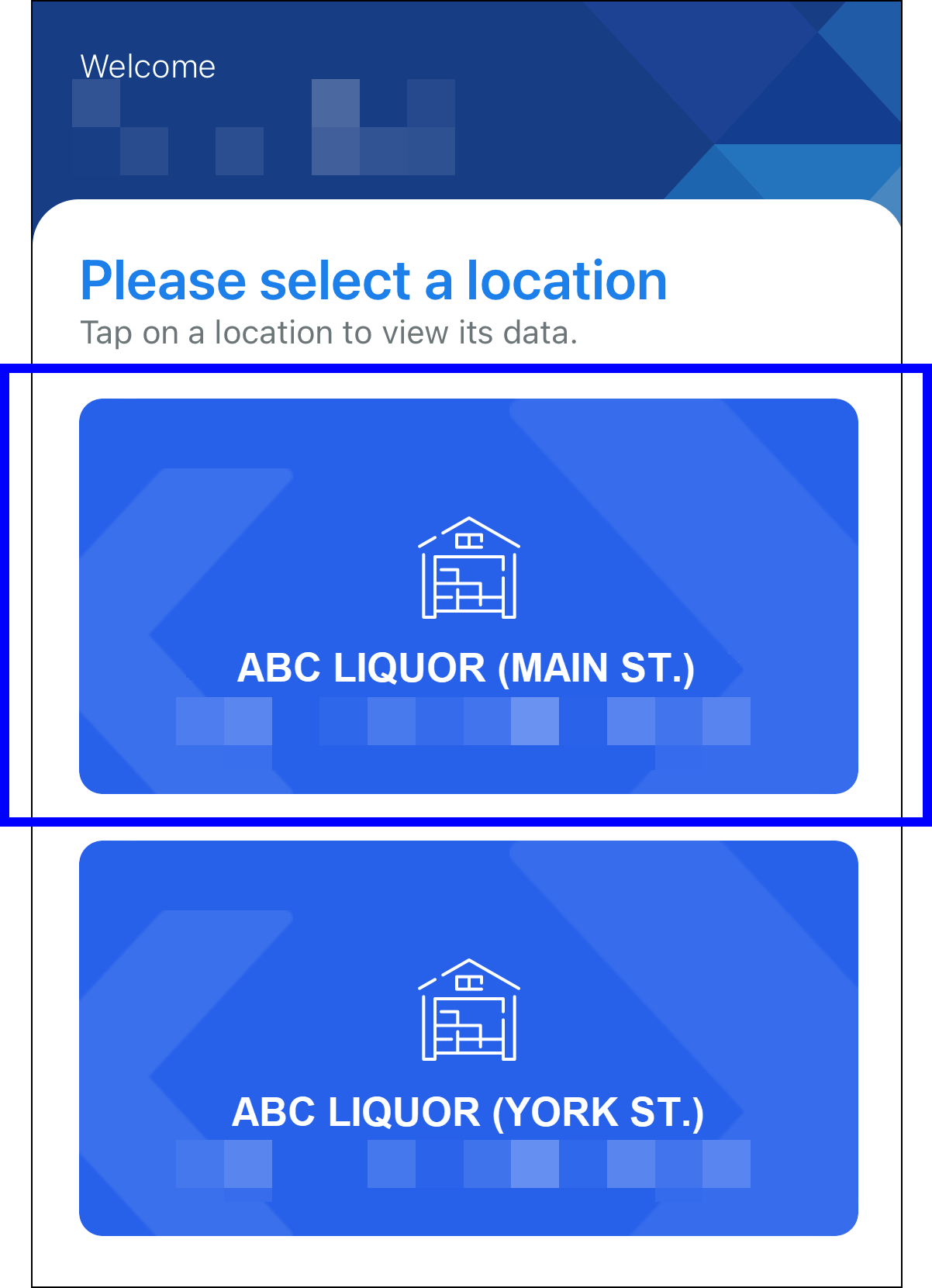 Sample location selected on app login screen