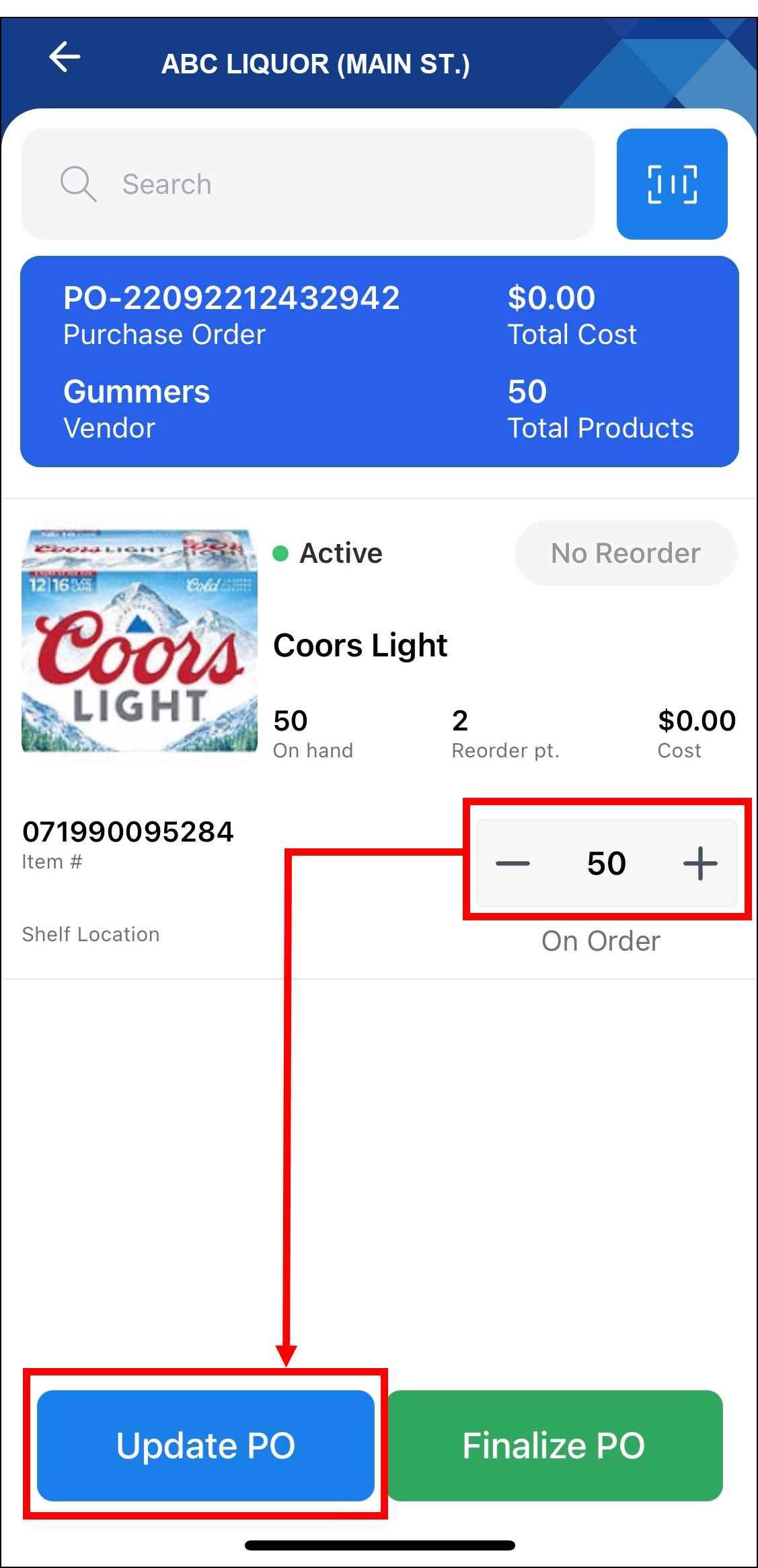 Quantity of item displays between plus and minus sign and arrow points to purchase order button