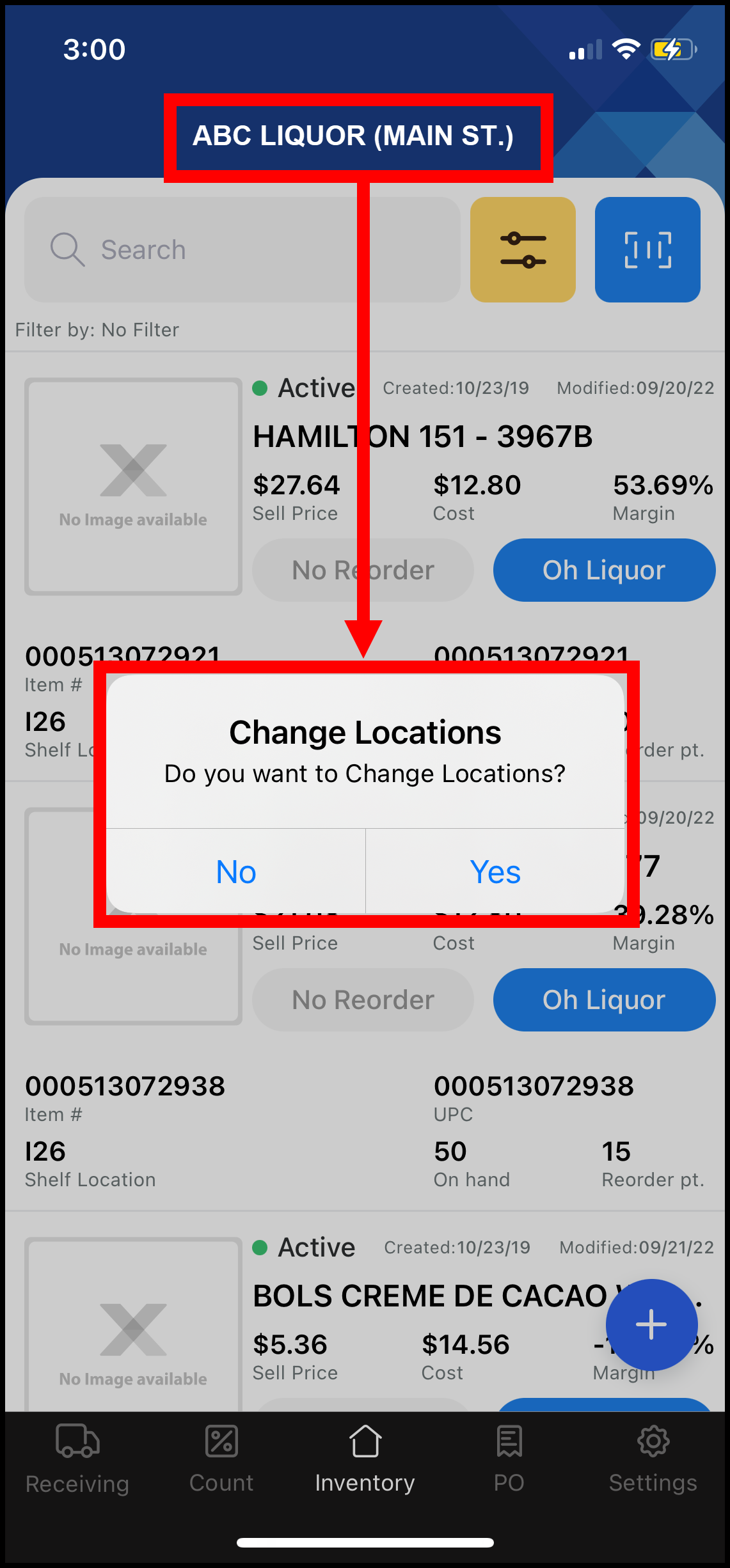 Current location with arrow leading to change locations question pop-up