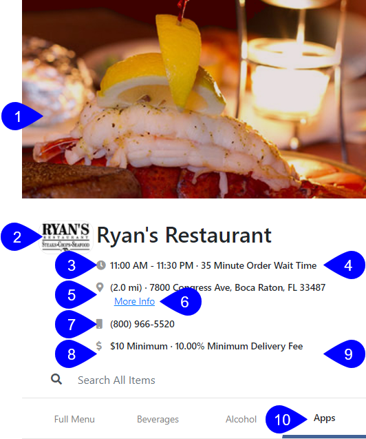 DeliverMe home screen cutout showing restaurant name address contact information and hours of operation