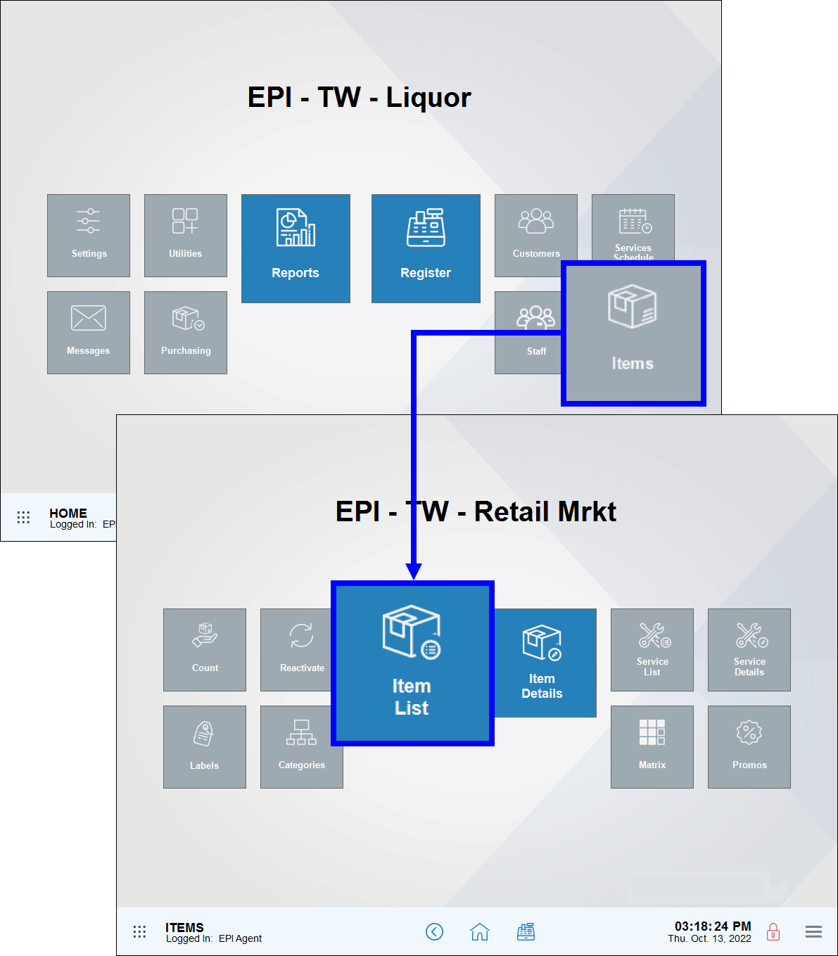 Items module highlighted with arrow leading to item list submodule