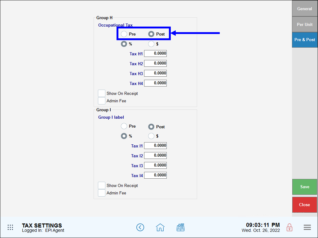 Pre and post bubbles highlighted on tax settings screen