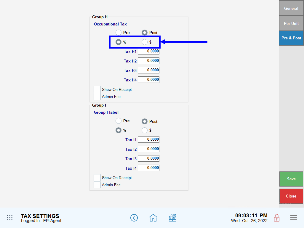 Percentage and dollar sign bubbles highlighted on tax settings screen
