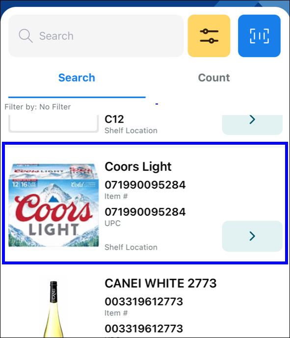 Coors light item highlighted on app screen