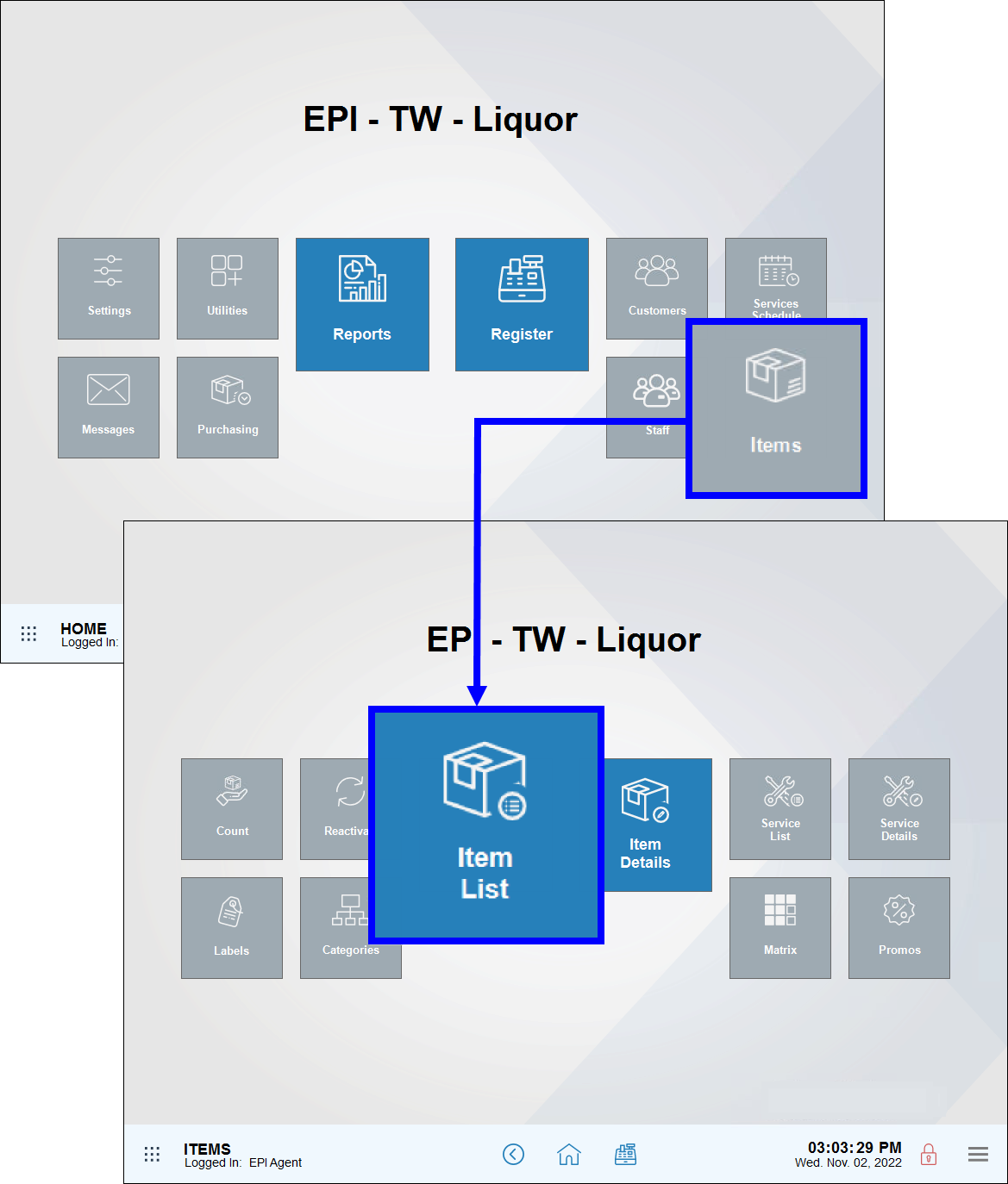 Items module highlighted with arrow leading to item list submodule