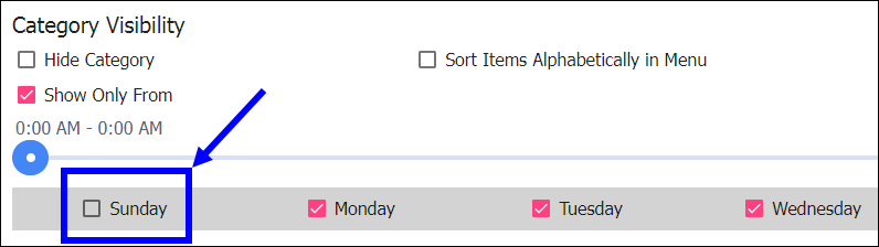 Sunday checkbox highlighted in category visibility setting
