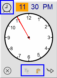 Clock interface displayed with small clock, clipboard and document icons highlighted