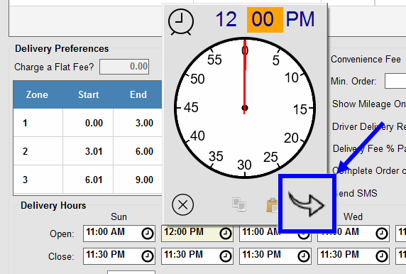Clock interface enlarged with arrow icon highlighted