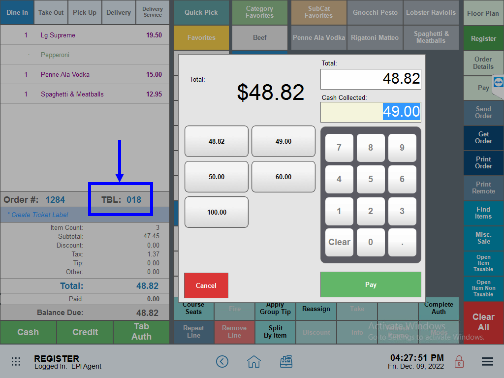 Register app view with table number highlighted and payment pop-up in center