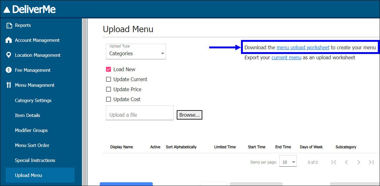 Download menu upload worksheet link highlighted under upload menu tab