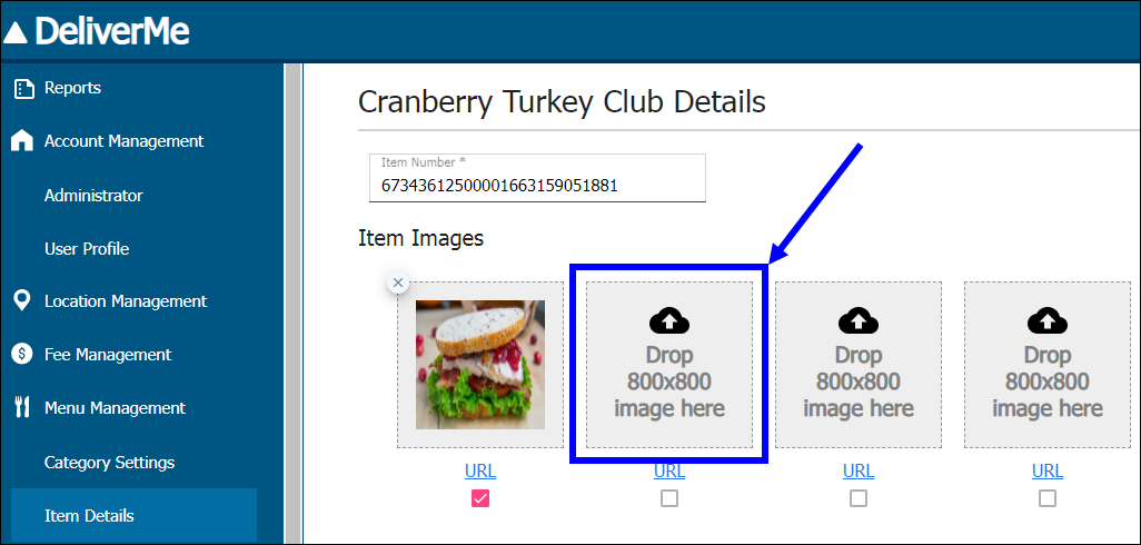 Drop image here thumbnail highlighted on item details screen