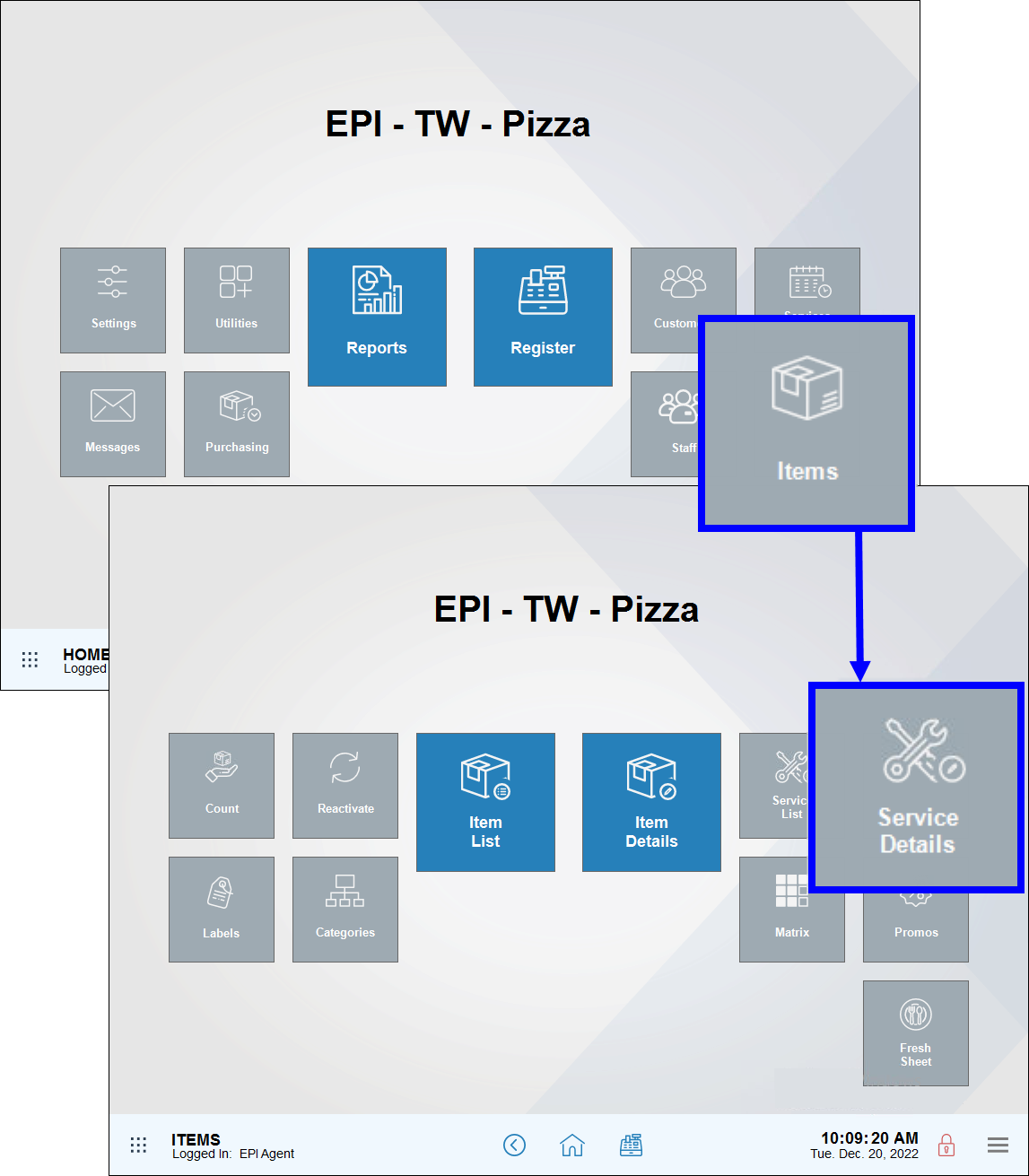 Items module highlighted on home screen with arrow leading to services submodule