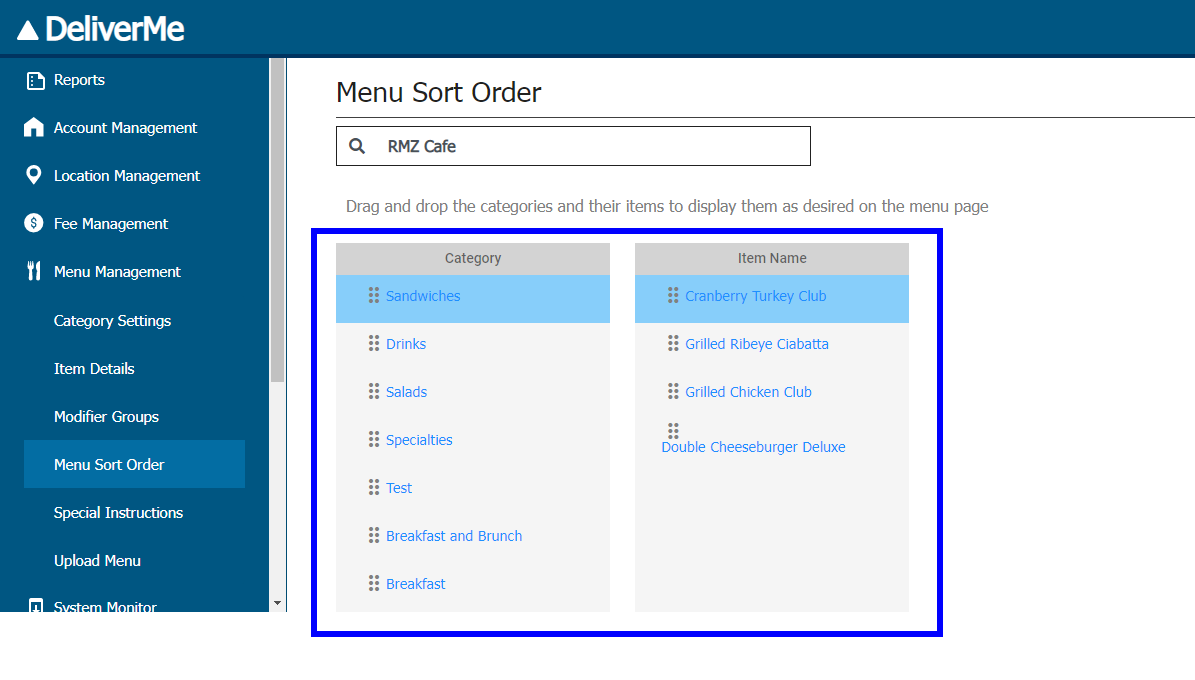 Category and item name sections highlighted in menu sort order tab