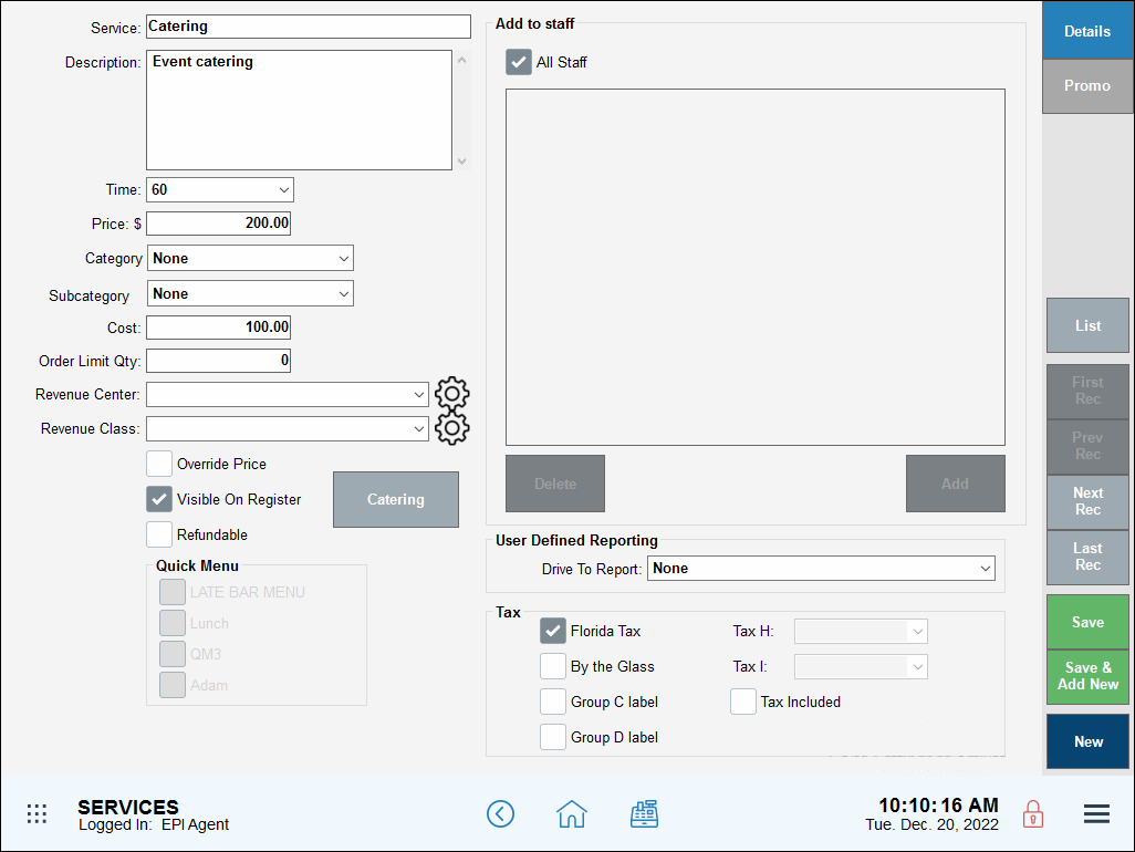 Service screen displays with all fields visible