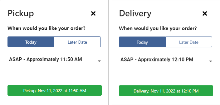 pickup and delivery pop-ups displayed