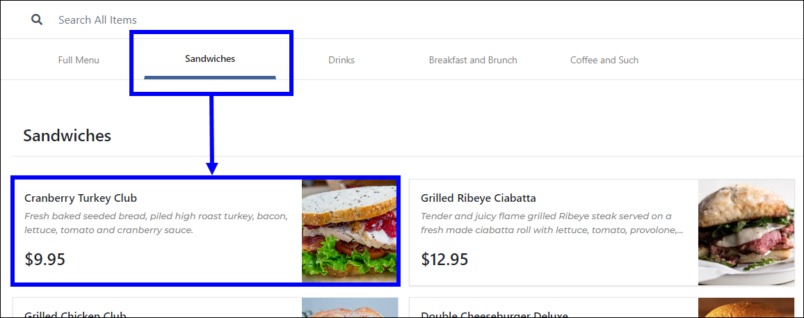 Sandwiches link highlighted with arrow leading to cranberry turkey club menu item