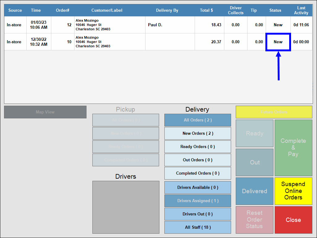 New status highlighted in delivery manager