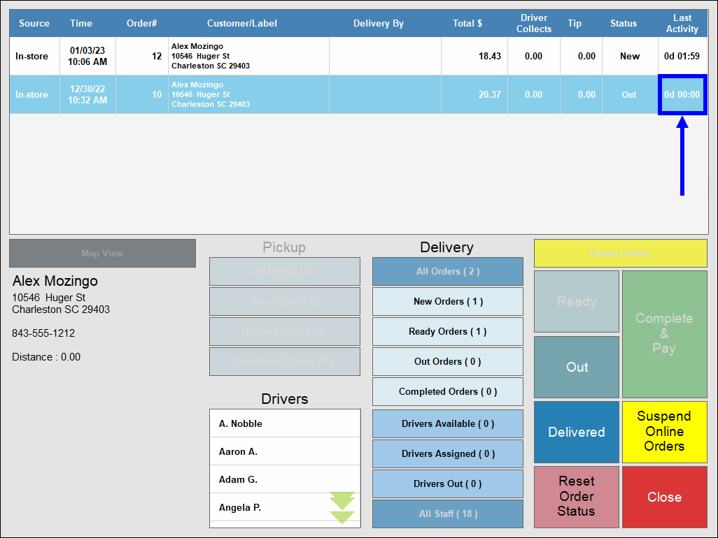 Time clock resets to zero for an order in delivery manager