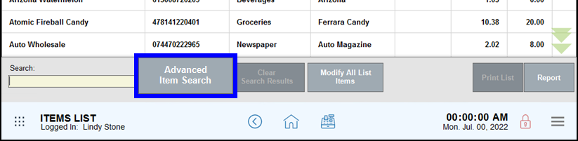 Advanced item search button highlighted on item list pop-up screen