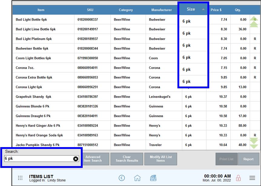 Search field and size column highlighted with 6 pk displaying in all cells of size column