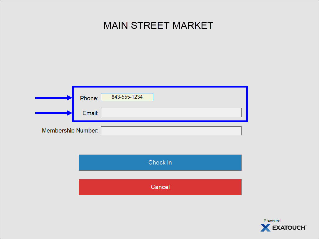 Phone number and email fields highlighted in kiosk mode
