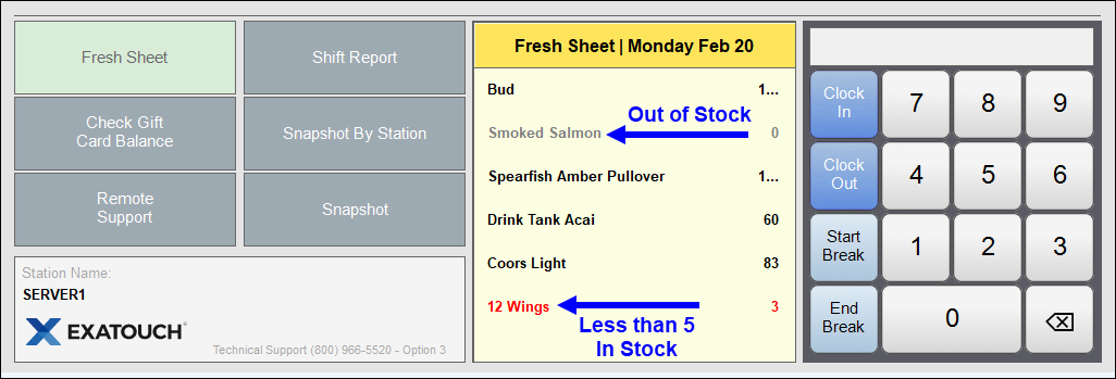 Sample fresh sheet displaying stock status of items