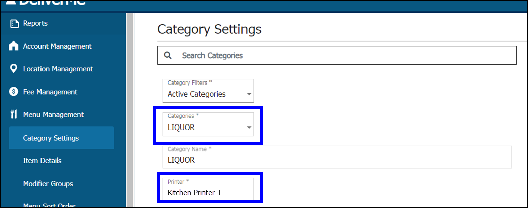 categories and printer fields highlighted in category settings section