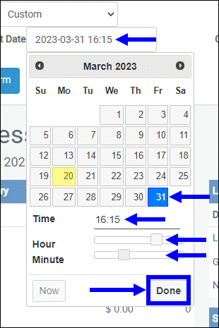 Point of sale cloud calendar with arrows pointing to day time hour and minute settings