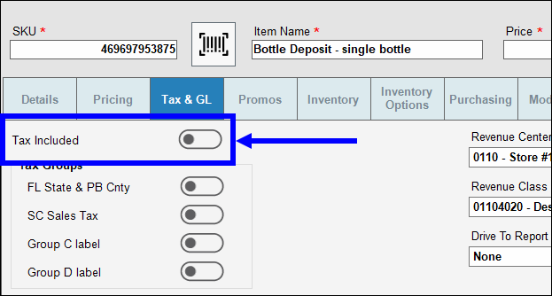 Tax included slider highlighted on item tax and gl tab