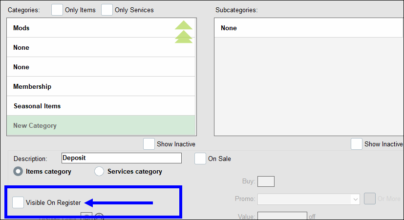 Visible on register checkbox deselected and highlighted