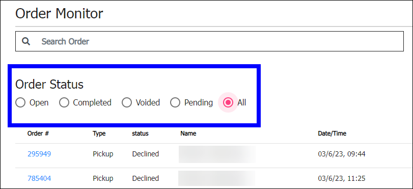 Order status section highlighted on order monitor page
